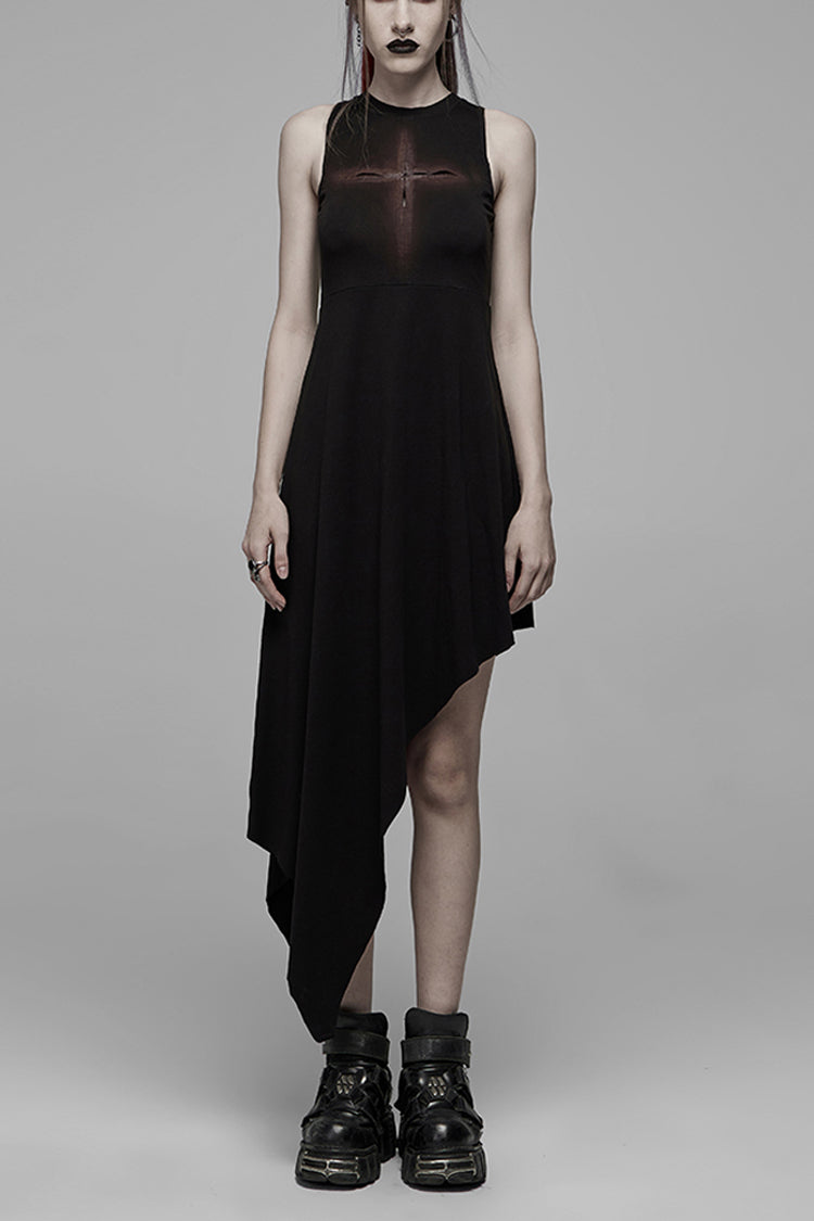 Women's Gothic Dress with Hollowed Out Cross Spray-Painted Asymmetric Hem Sleeveless Design