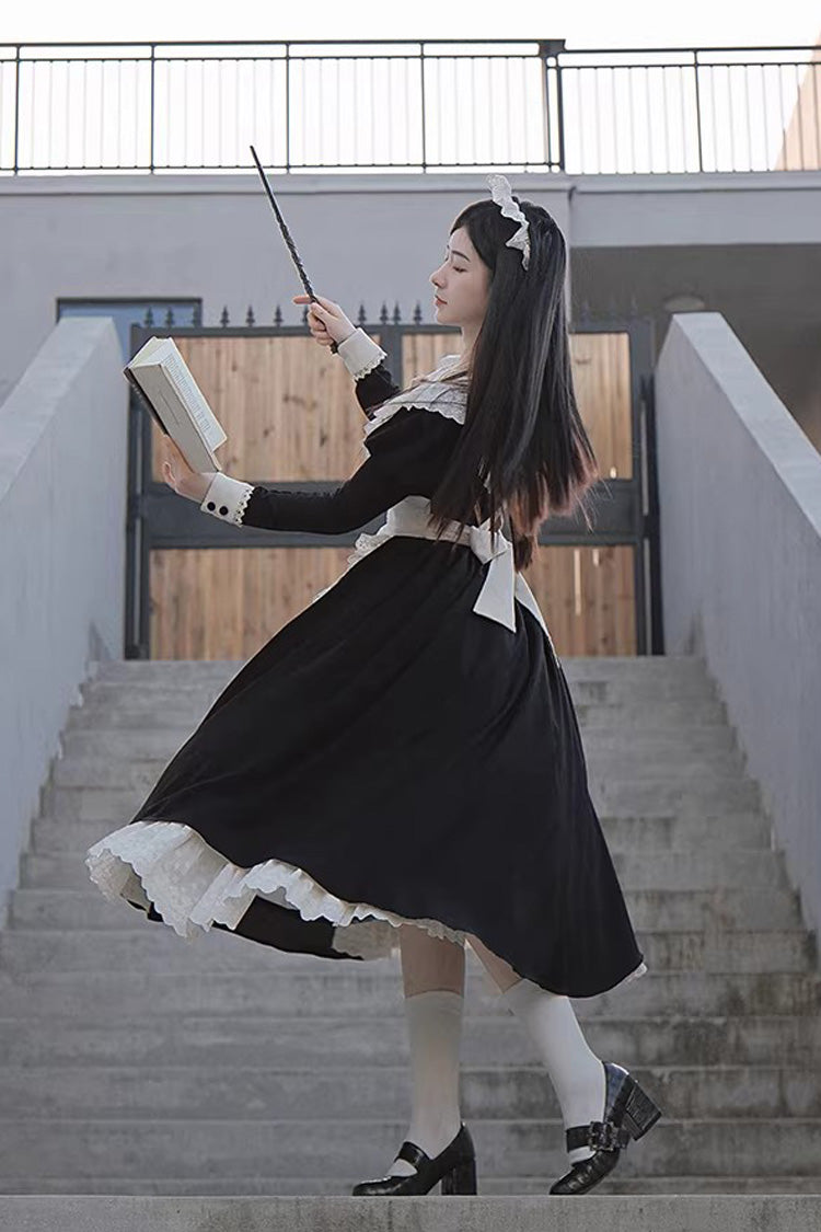 Monochrome Sweet Maid Dress with Ruffled Bow and Round Collar - Two Lengths