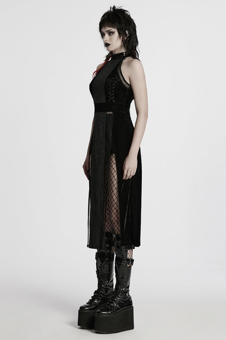 Ebony Halterneck Sleeveless Stitching Mesh Gothic Dress