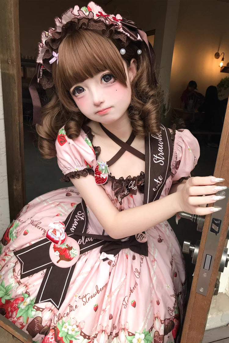 Square Collar Short Sleeves Printed Ruffled Bow Lace Sweet Lolita Dress - Strawberry Chocolate Lover
