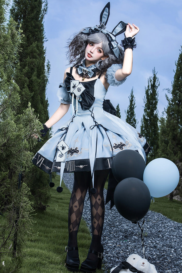 Clock Rabbit Card Game Sleeveless Jacquard Ruffle Embroidered Bow Gothic Jumper Dress