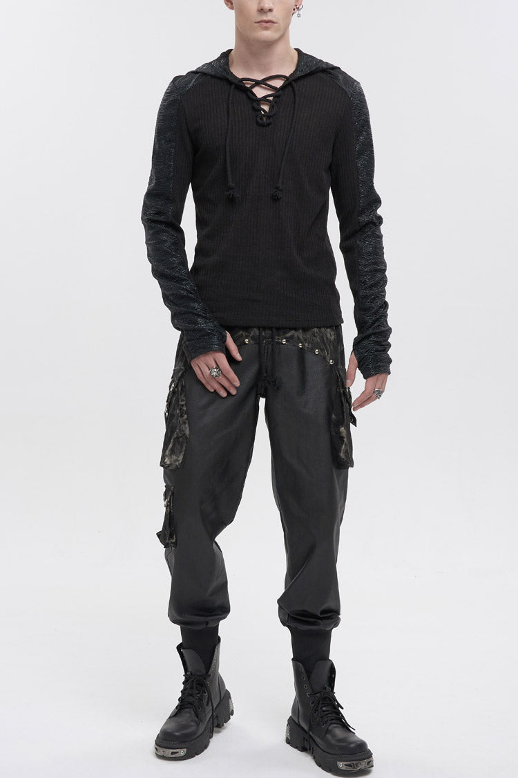 Dark V-Neck Knit Hooded Punk Tee with Tether Design