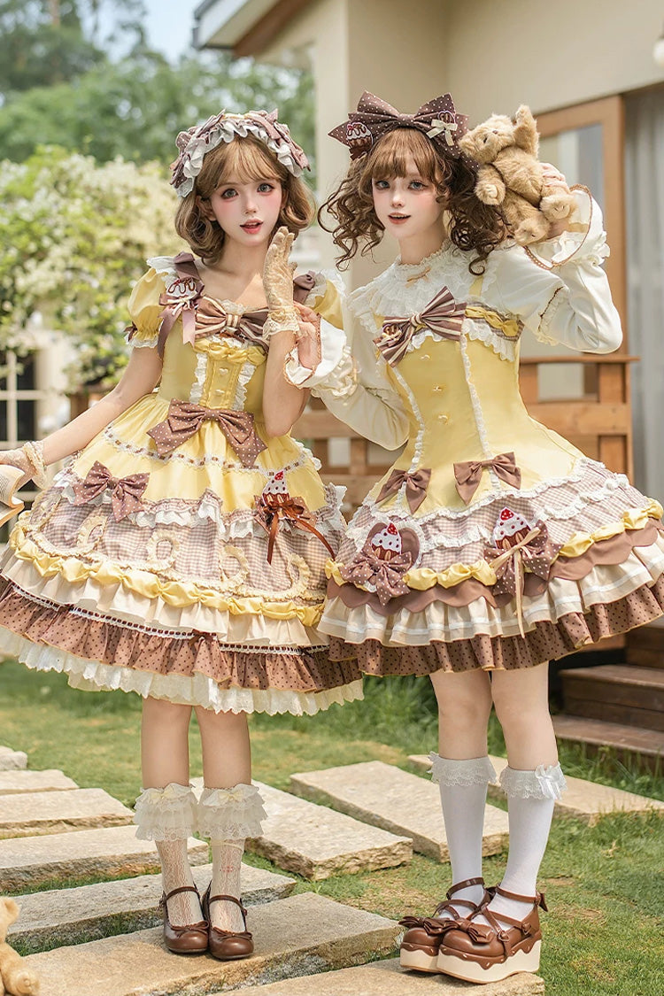 Yellow/Brown [Polka Dot Cake] Multi-Layered Printed Ruffled Bow Sweet Lolita OP Dress