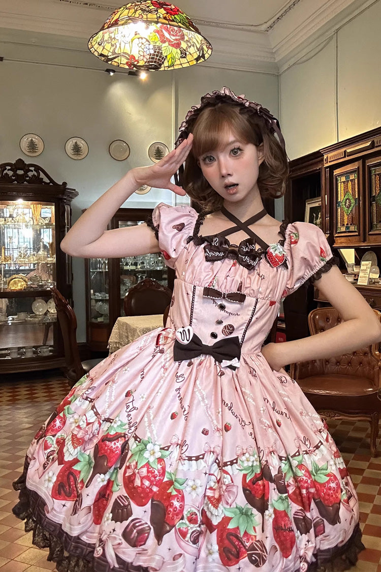 Chocolate Lover Square Collar Printed Bow Lace Sweet Lolita Dress