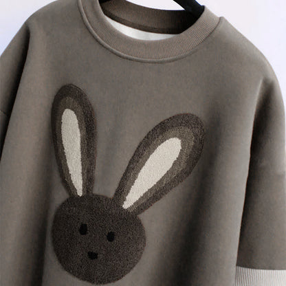 Grey Rabbit Plush Sweatshirt Roll Up Denim Pants