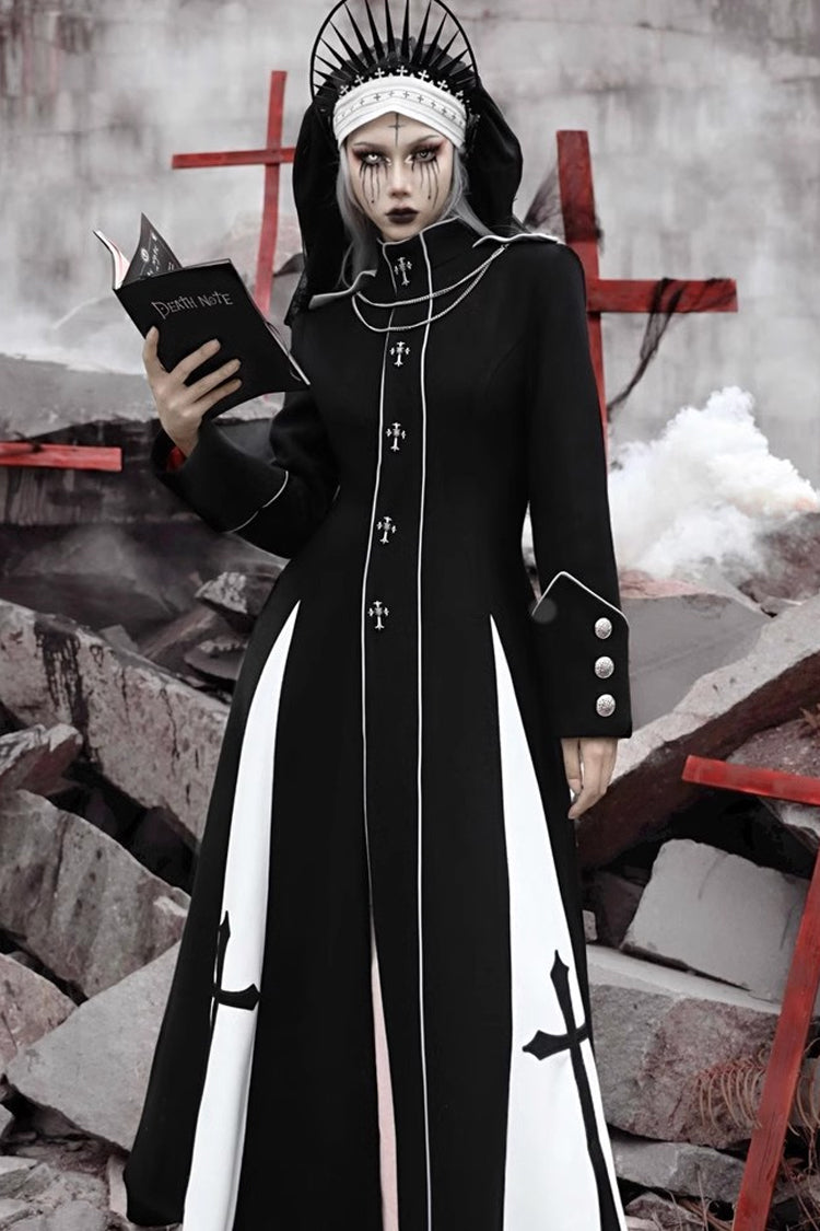 Noir Cross Print Hollow Cardigan Stitched Gothic Long Coat - The Trial of a Nun