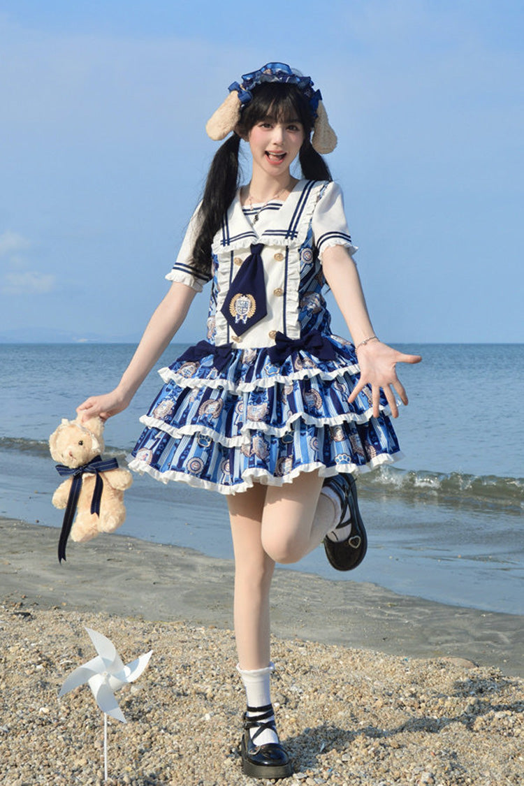 Blue Glory of the Dog Navy Collar Short Sleeves Low Waisted Triple-Layered Printed Ruffled Bow Sweet Dress