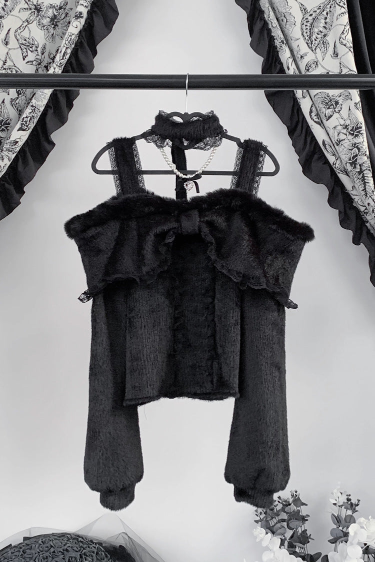 Off Shoulder Long Sleeves Lace Sweet Japanese Fleece-Lined Top
