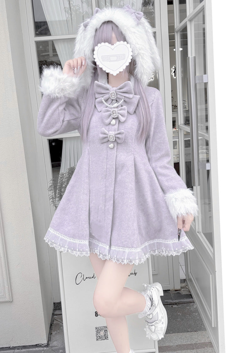 Jirai Kei Coat with Detachable Rabbit Ears Hood, Bowknot, Grey/Purple