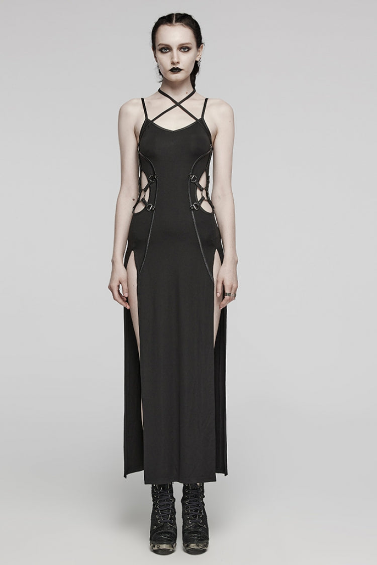 Jet Halterneck Lace-Up Ripped Side Slit Punk Gown