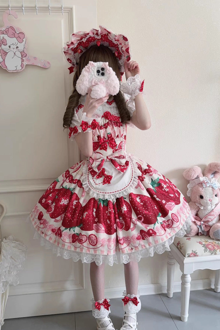 Dream to Strawberry Print Ruffled Bow Lace Sweet Lolita JSK Dress - 4 Colors