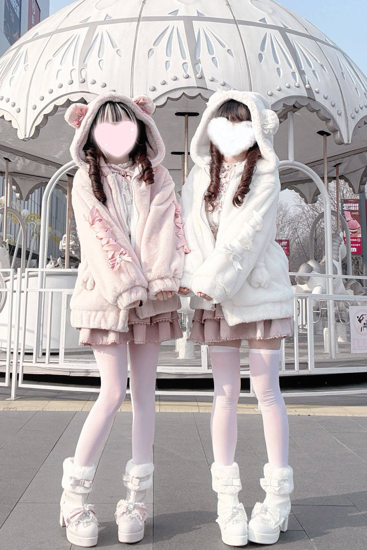 Bear Ears Long Sleeves Bow Lace-Up Hooded Zippered Sweet Jirai Kei Coat