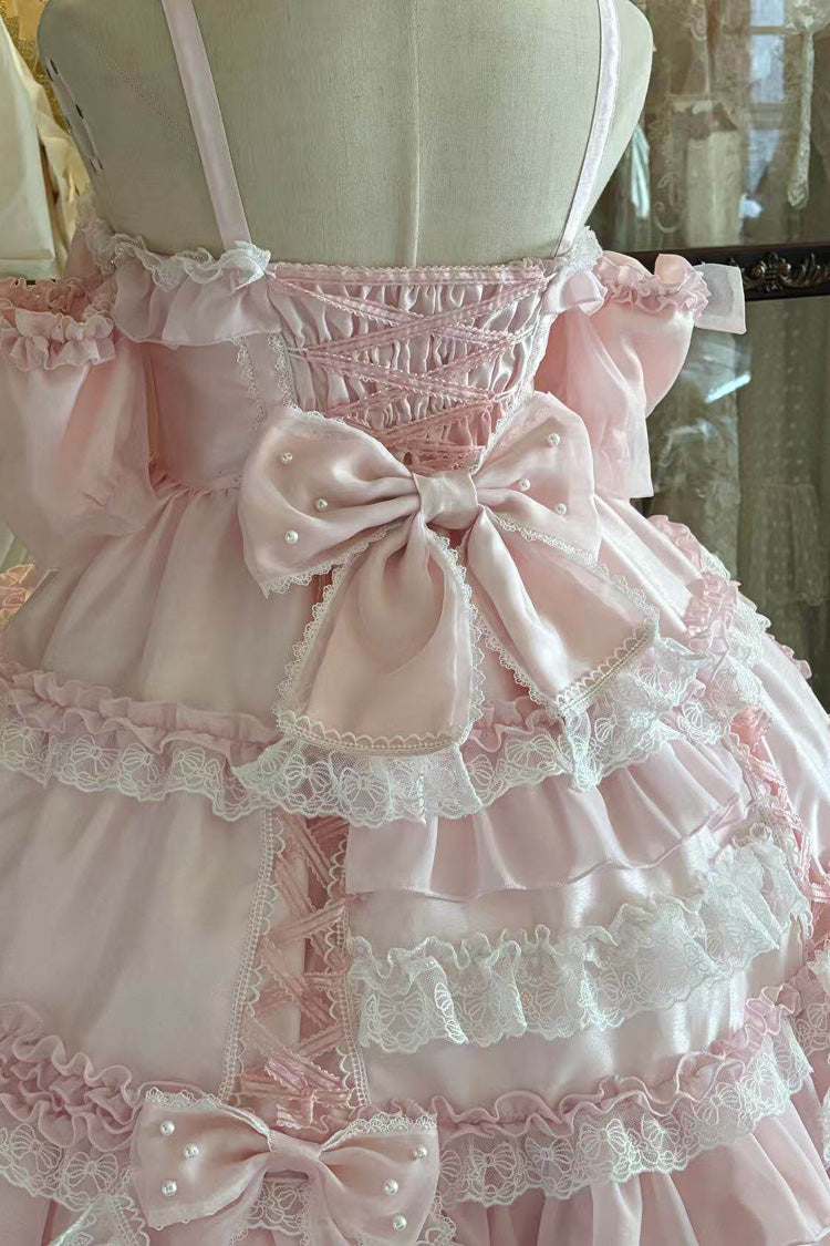 Pink [Spring Cherry Snowfall] Off Shoulder Short Sleeves Multi-Layered Ruffled Bow Sweet Lolita Jsk Dress