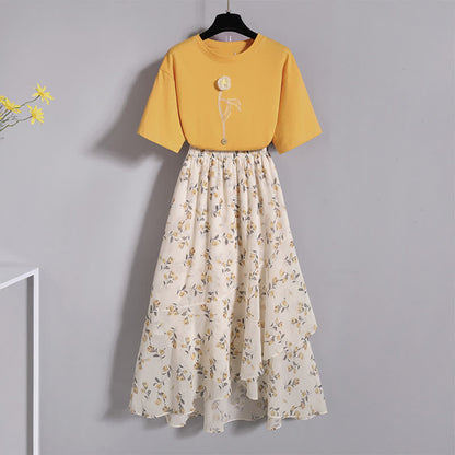 Yellow Flower Embroidery T-Shirt Floral Print Skirt