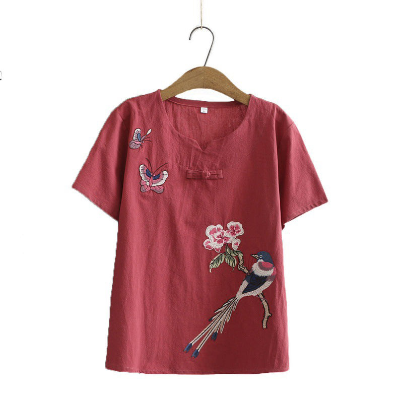 Vintage Bird Embroidery Buckle T-Shirt Pants Set