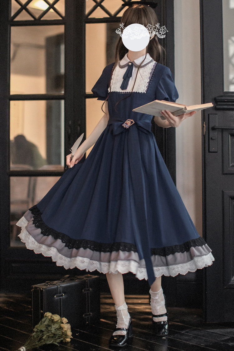 Blue [Phyllis] Lapel Collar Short Sleeves Printed Bow Classic Vintage Elegant Lolita Dress