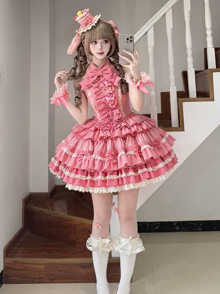 Pink Rose Halter Ruffle Skirt Neck Sweet Bow Lolita Idol Tiered Accents Dress