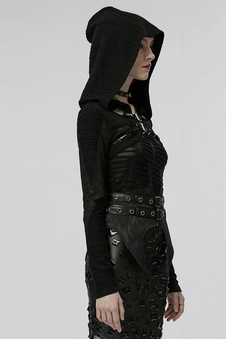 Women's Steampunk Jacket with Hollow Stretch-Knit Stitching Detachable Hooded Stripe Buckles