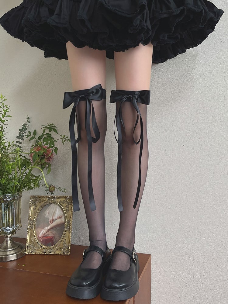 Overknee Stockings White/Black Milk Bowknot Design Semi-sheer