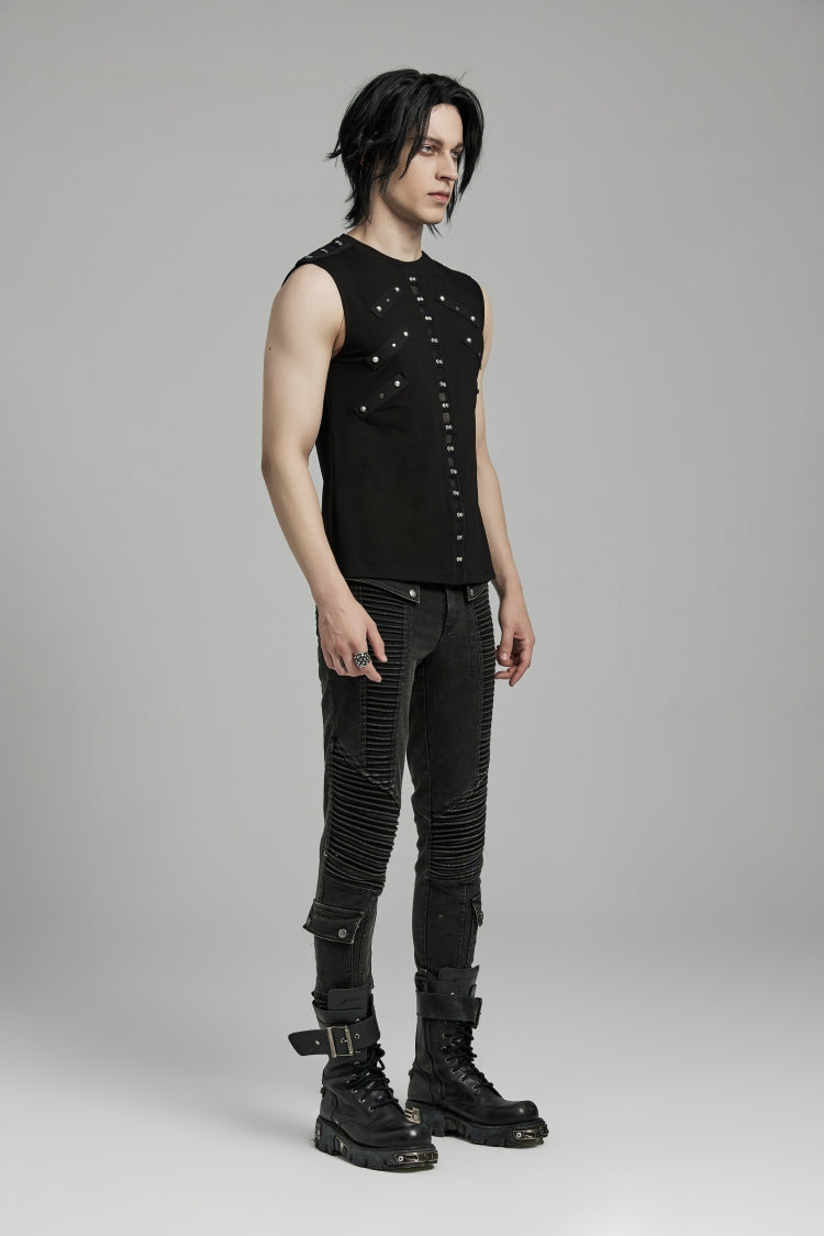 Noir Punk Sleeveless Top with Mesh Inserts and Eyelets