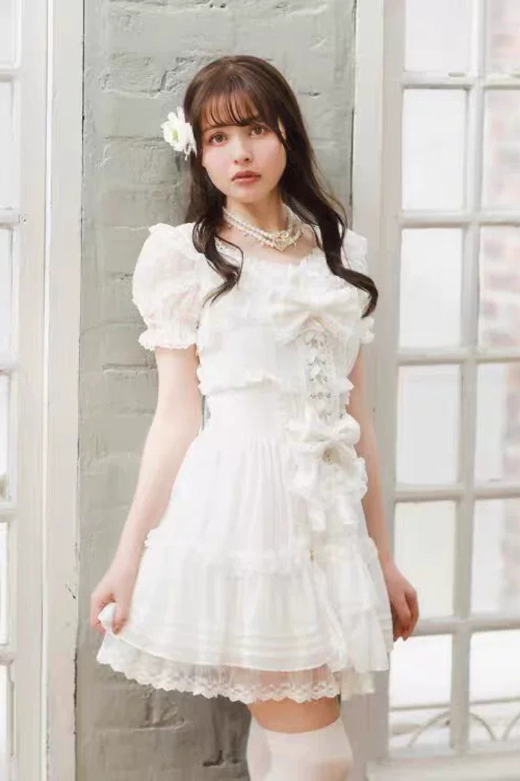 Sweet Short Sleeves Ruffled Bow Lace Jirai Kei Japanese Plus Size Lolita Dress 3 Colors