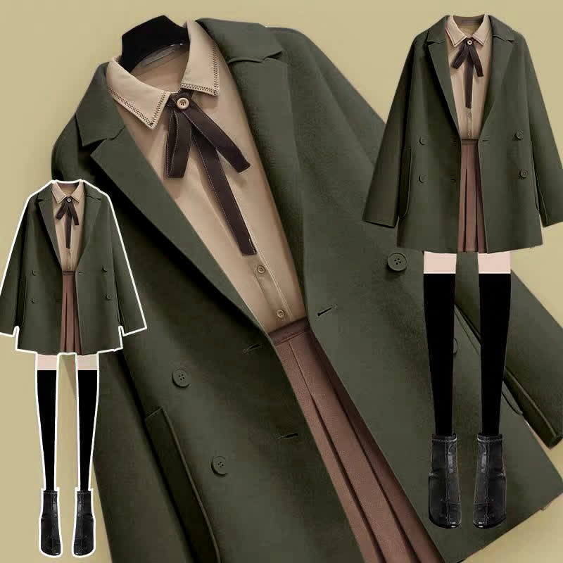 Sweet Shirt Pleated Skirt Pocket Wool Jacket Coat