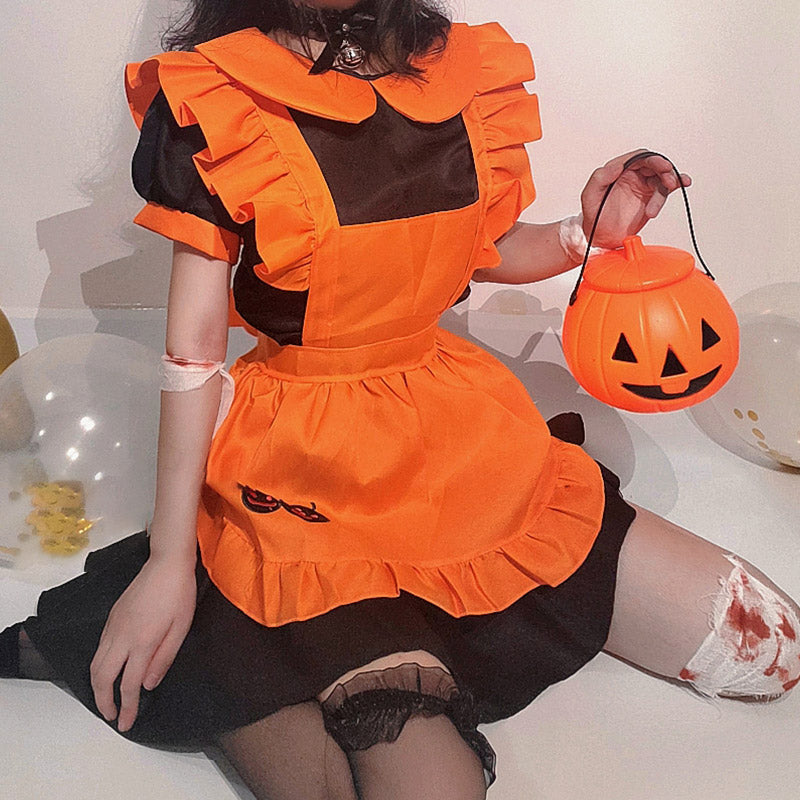 Kawaii Pumpkin Bat Embroidery Doll Collar Maid Dress