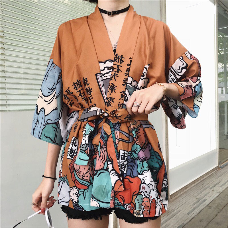 Cartoon Fire Print Casual Vintage Kimono Outerwear