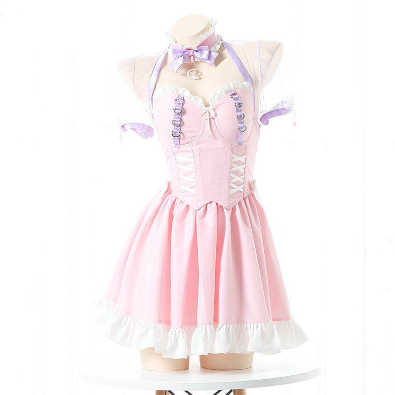 Pink Lace Up Lolita Maid Dress Set