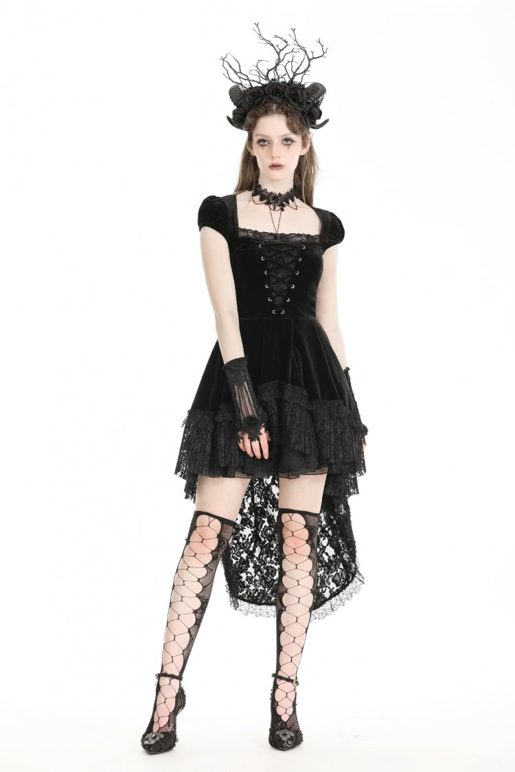 Noir Gothic Velvet Gown with Lace-Up and Square Neckline