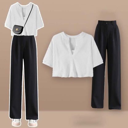 Fake Two Pieces Crop Top T-Shirt Casual Pants Set