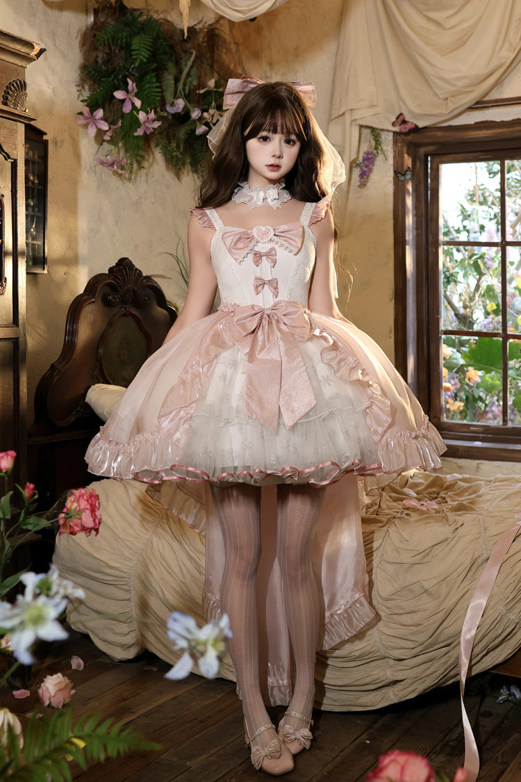 Sleeveless Ruffled Open-Front Bow Lace Sweet Lolita Jsk Dress Set - Star Weaving Dream Language