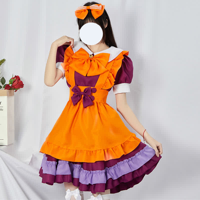 Cute Orange Bow Decor Puff Sleeve Maid Dress