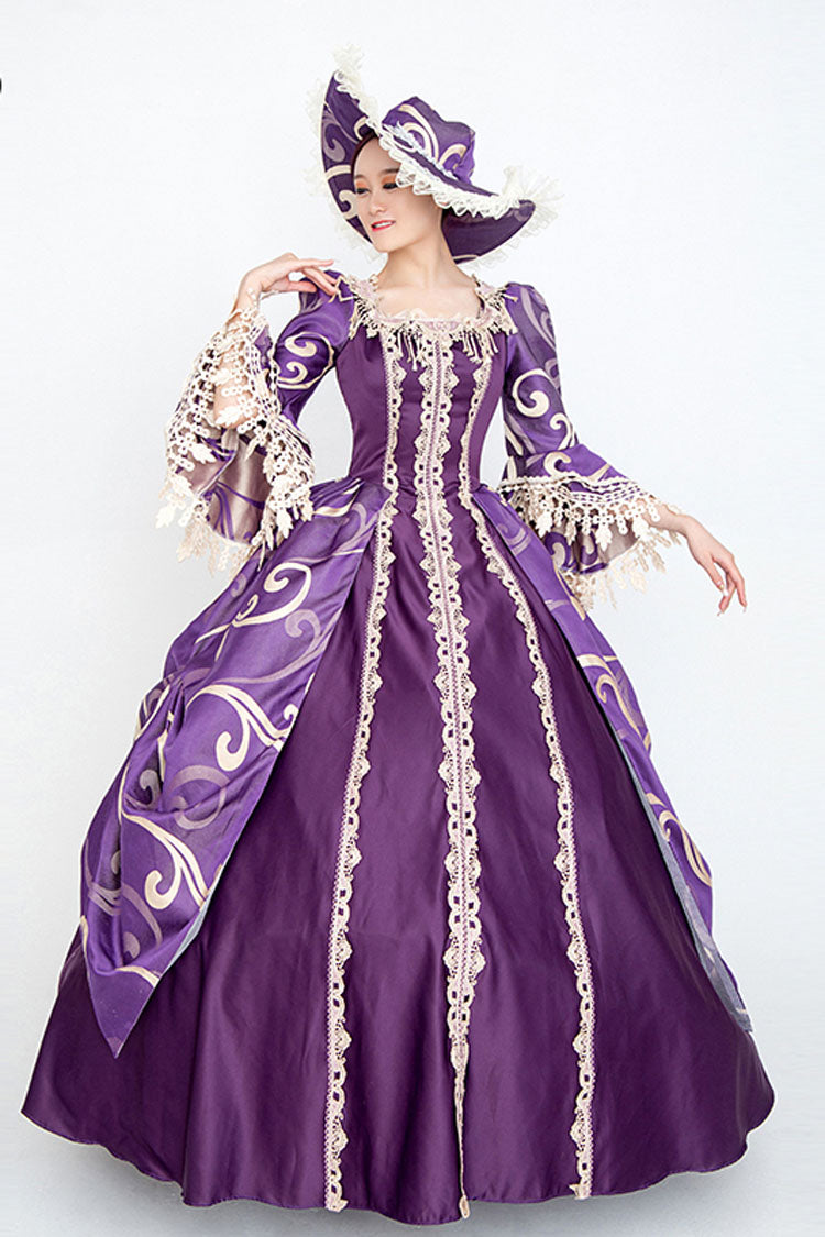 Purple Victorian Dress with Bell Sleeves and Floral Print - Altfashion Shop