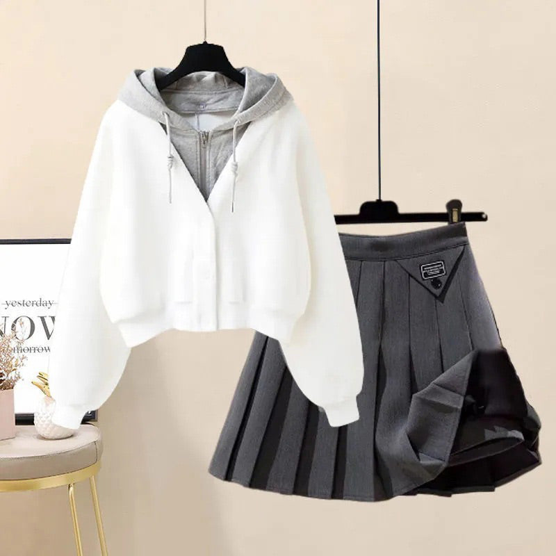 Casual Pocket Hoodie Pleated Skirt Set