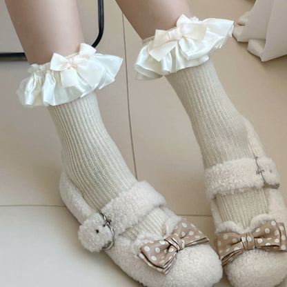 Coffee Sweet Bowknot Ruffled Cuff Calf Socks