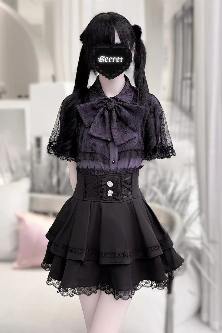 Gothic Embroidered Ruffled Top and Skirt Set with Lace-Up - Dark Moon Shadow
