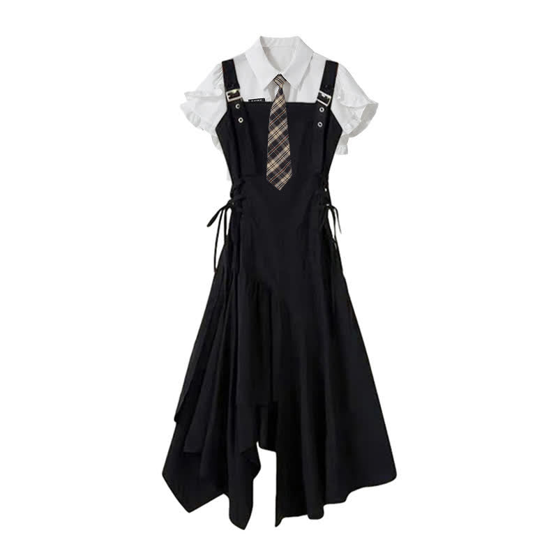 JK Flouncing Sleeve Tie Polo T-Shirt Irregular Lace Up Suspender Dress