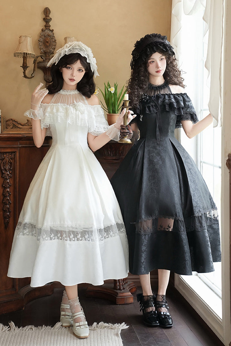 Onyx Off Shoulder Halterneck Printed Ruffle Gothic Elegant Dress - Flowers in the Mist