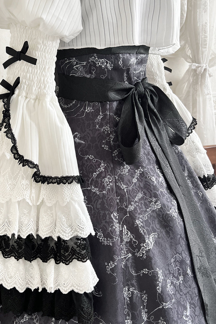 Monochrome Gothic Princess JSK with Bone Print, Ruffled Cardigan, and Lace