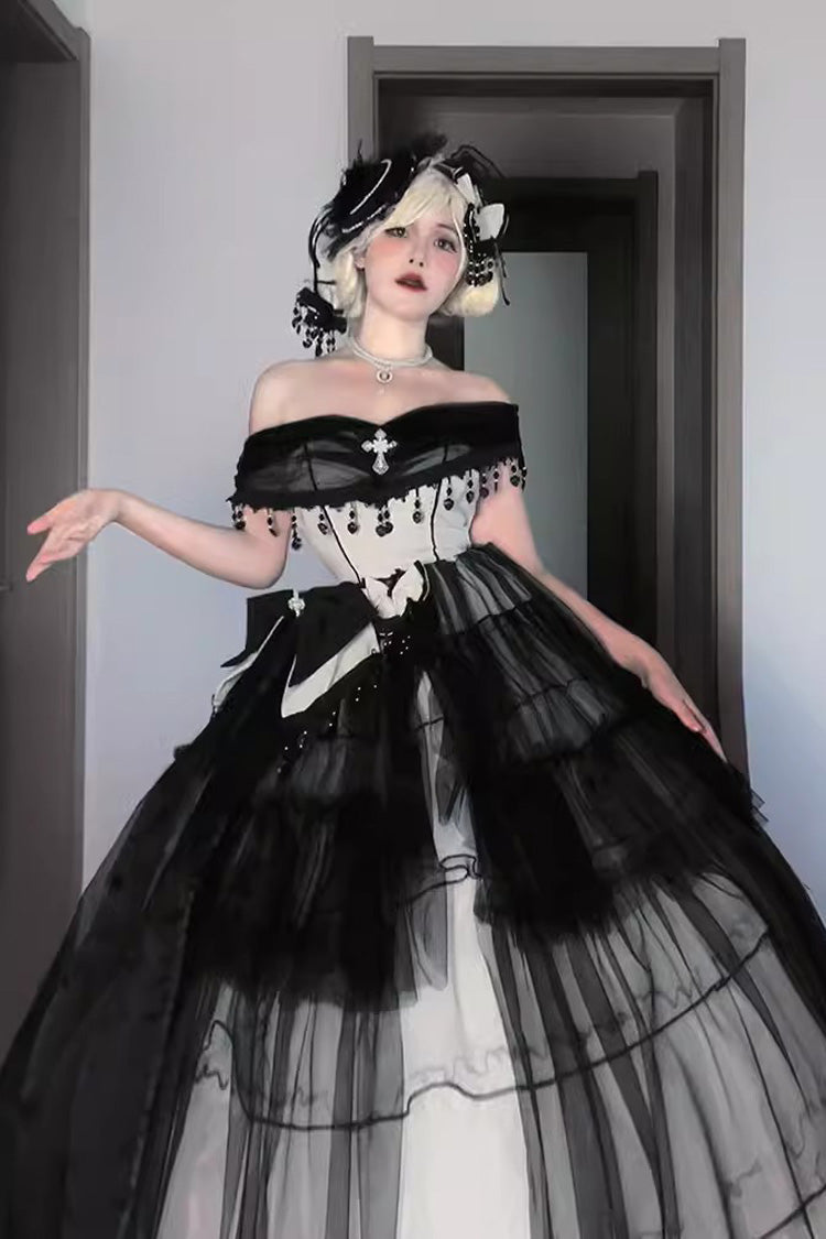 Monochrome Gothic Plus-Size JSK with Lace-Up Front and Hanayome Ruffles - Long