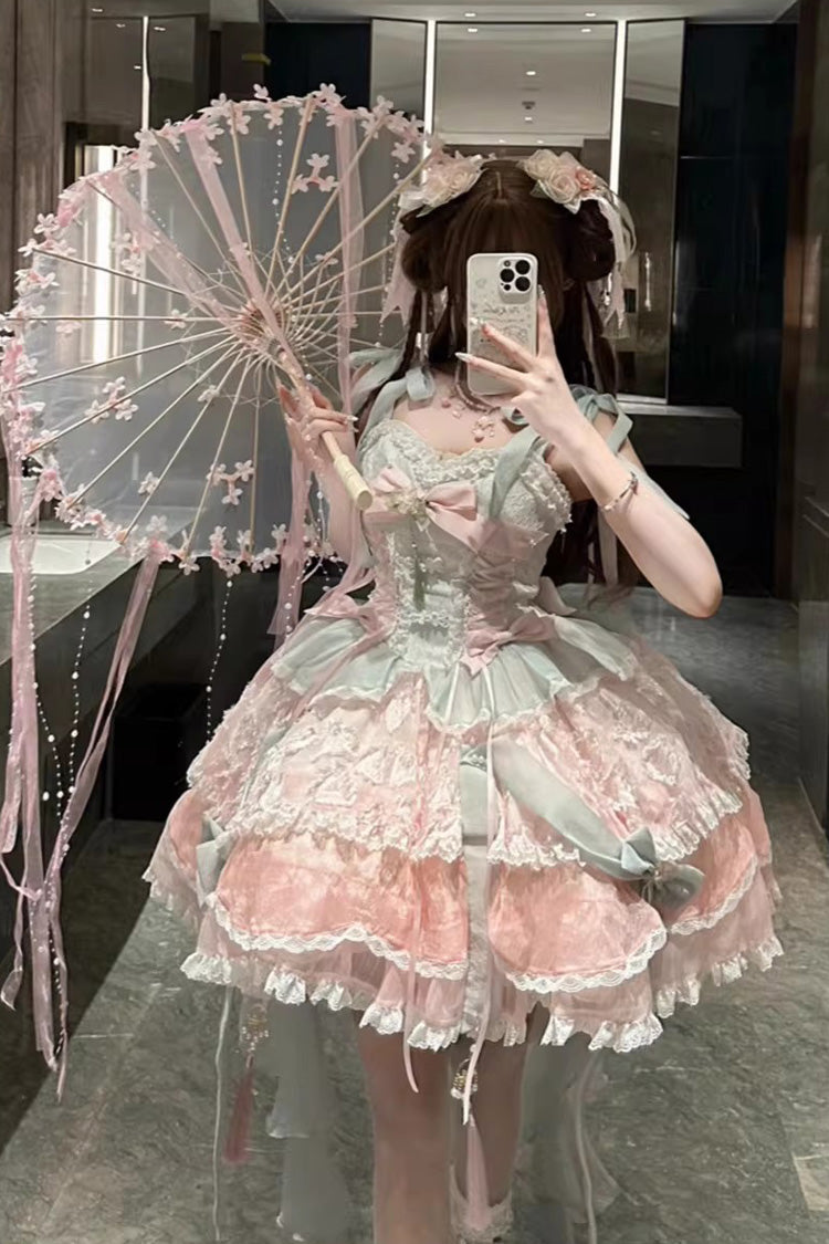 Pink Green Summer Lotus Breeze Sleeveless Double-Layered Ruffled Bow Lace-Up Sweet Chinese Style Ballet Jsk Dress