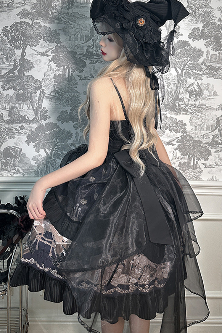 Noir Halter Neck Printed Ruffle Bow Drawstring Gothic Dress - The Mystery of The Doll