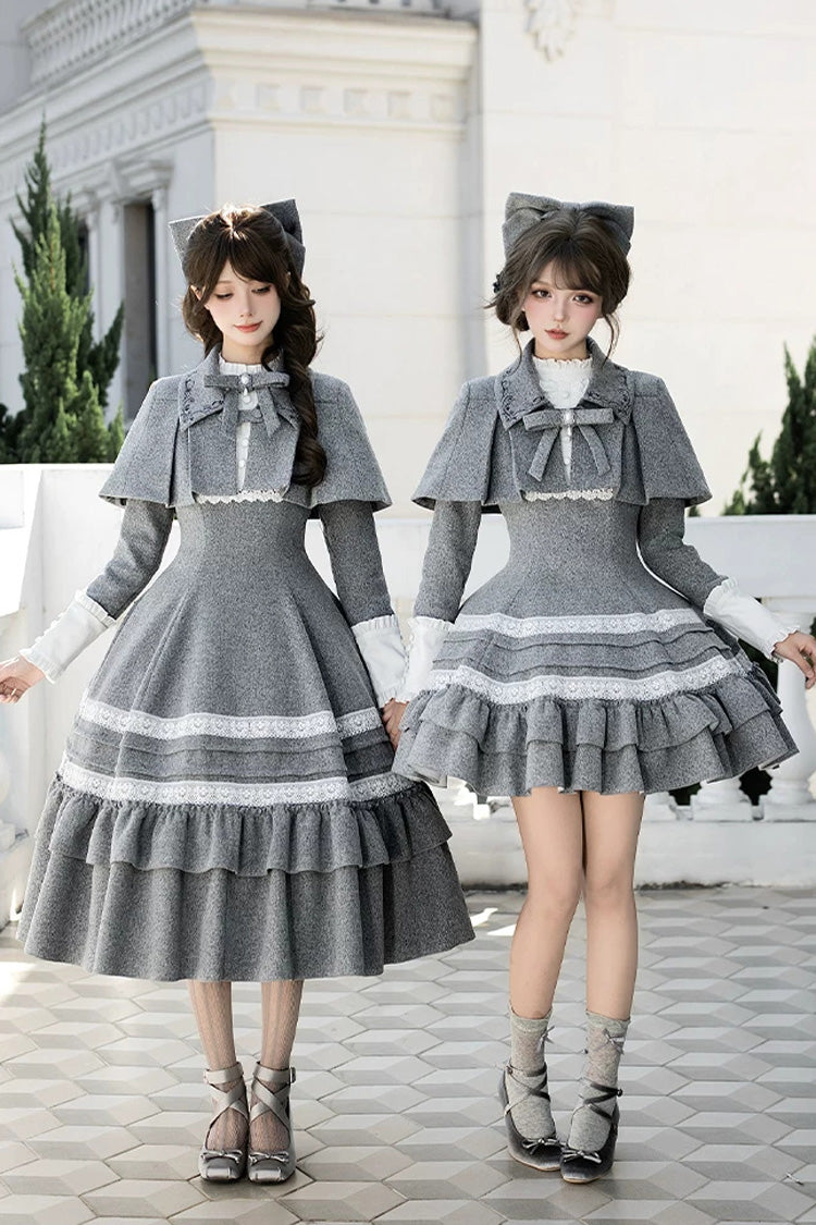 Ash Stand-Collar Ruffled Bow Lolita Gown with Poetry Motif