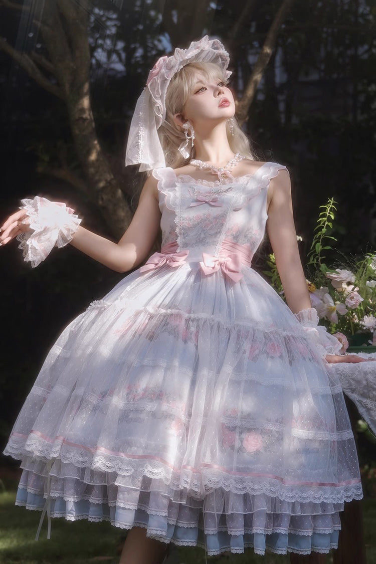 Rose Flower Cage Printed Ruffled Bow Sweet Elegant JSK