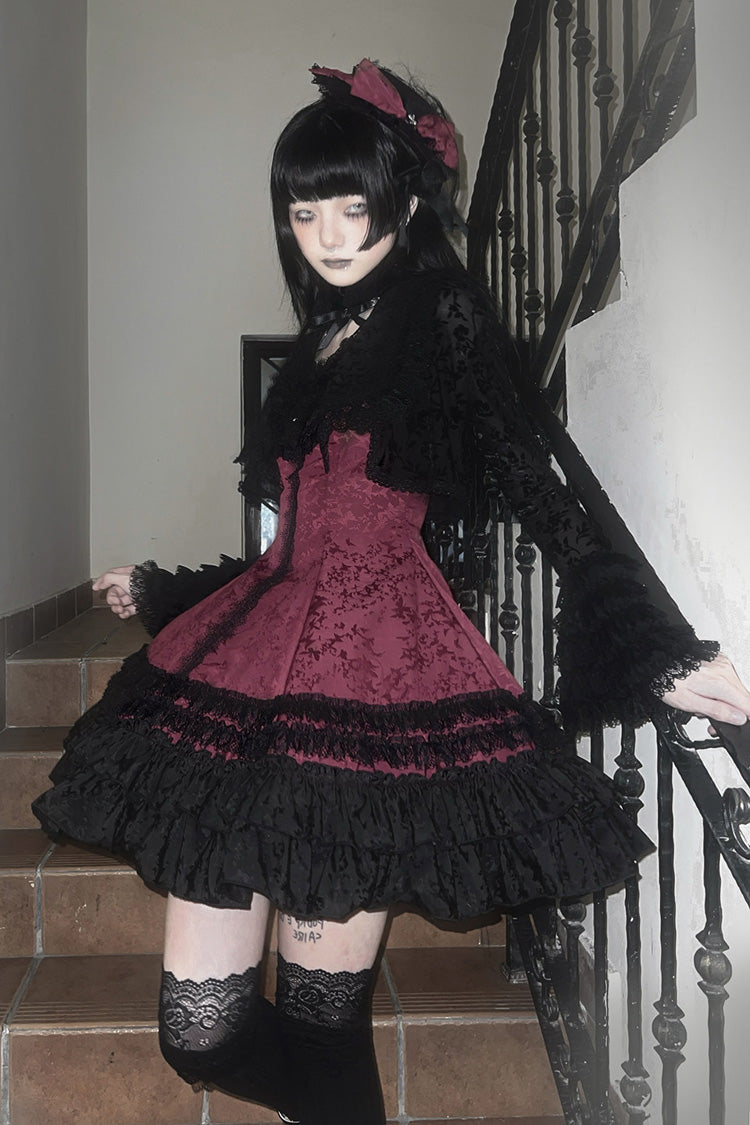 Escape Double-Layered Jacquard Striped Ruffled Slim Gothic Lolita Jumper Dress in Three Shades