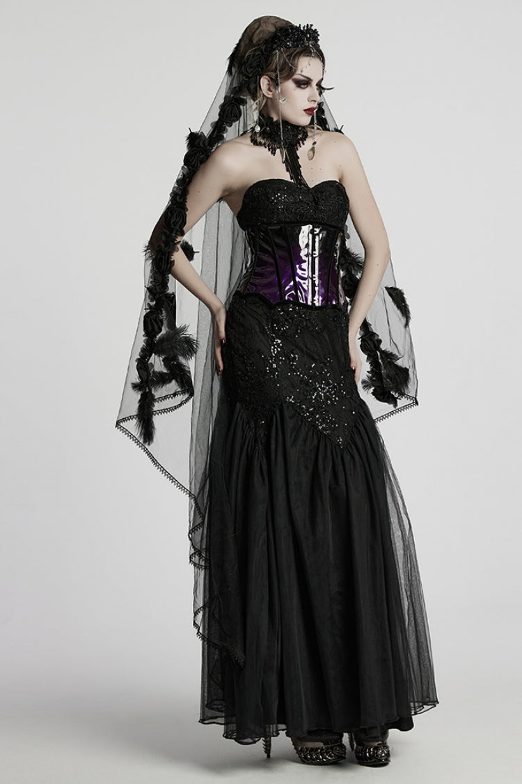 Black Off-Shoulder Embroidered Lace Slim Gothic Fishtail Gown