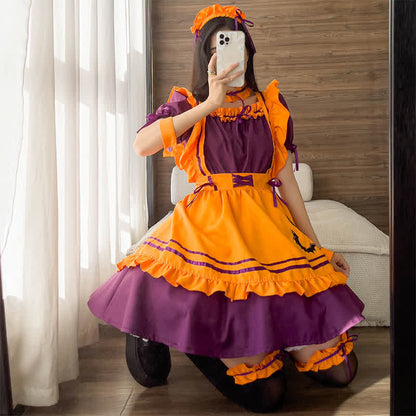 Cute Bat Embroidery Lace Up Ruffled Maid Dress