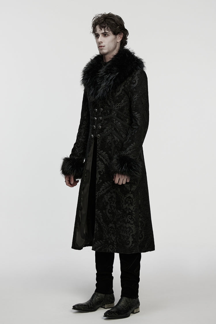 Men's Gothic Long Coat with Faux Fur Collar, Jacquard & Zipper in Black
