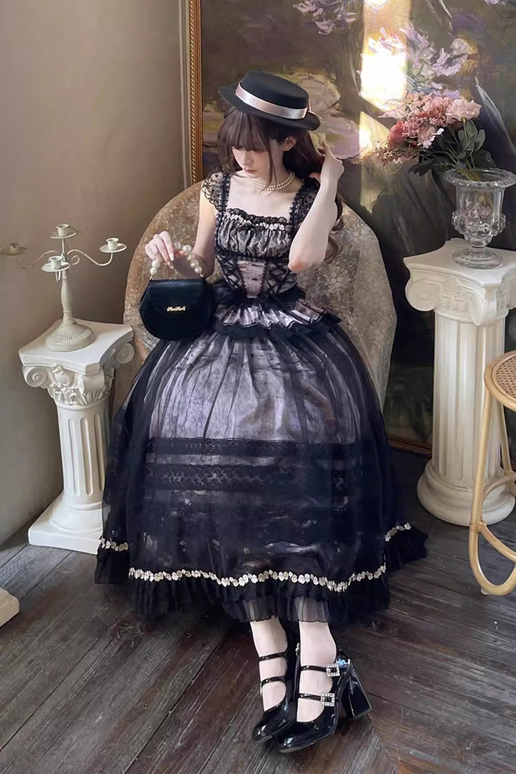 Sweet Lolita JSK Dress with Ruffle Bowknot, Lace-Up, Grey/Pink Mist Vineyard